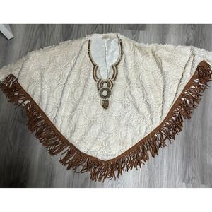 Casting Poncho Cream Crochet‎ Lace Beaded Fringe Boho Made in France Women
